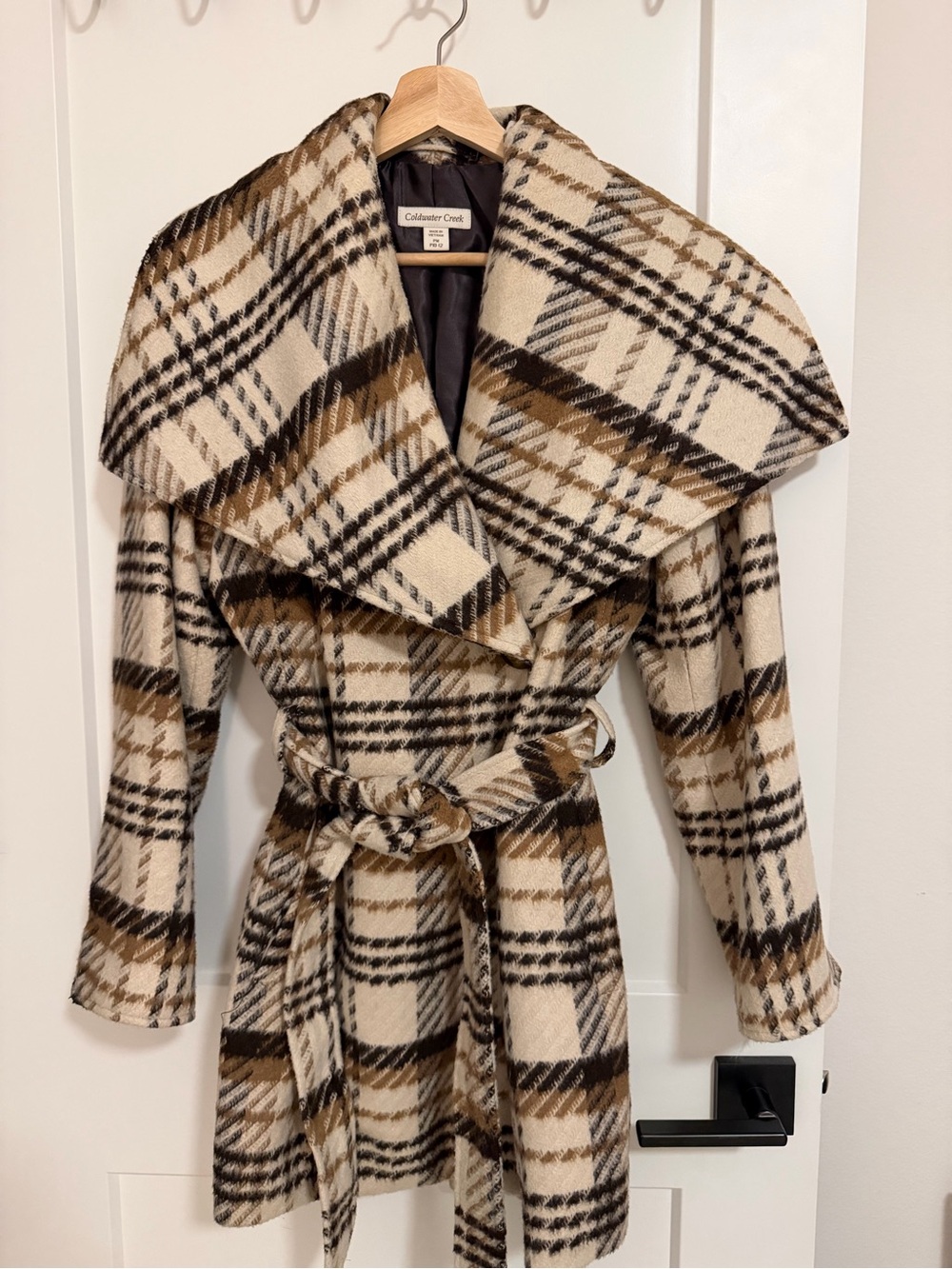 Coldwater Creek Cream and Brown Plaid Belted Trench Coat